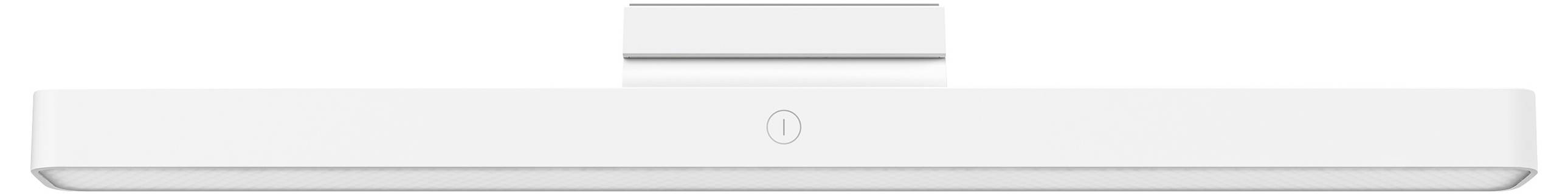 Een witte LED-wandlamp met een slanke vormgeving en centrale schakelaar, geschikt voor de verlichting van kunstwerken of spiegels.