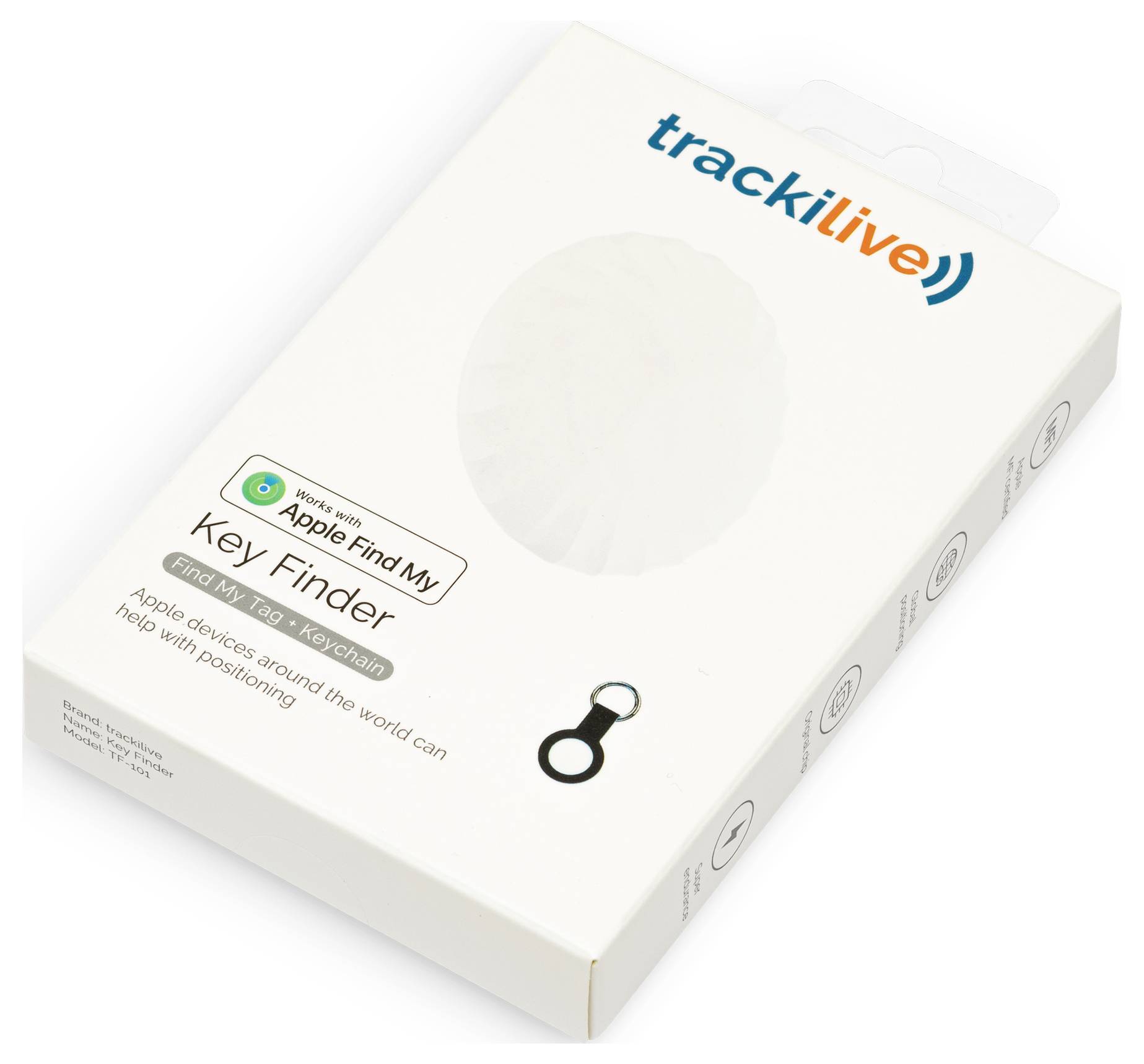 De verpakking van een Key Finder van 'trackilive', compatibel met 'Apple Find My'. Bevat aanwijzingen voor wereldwijde positionering.