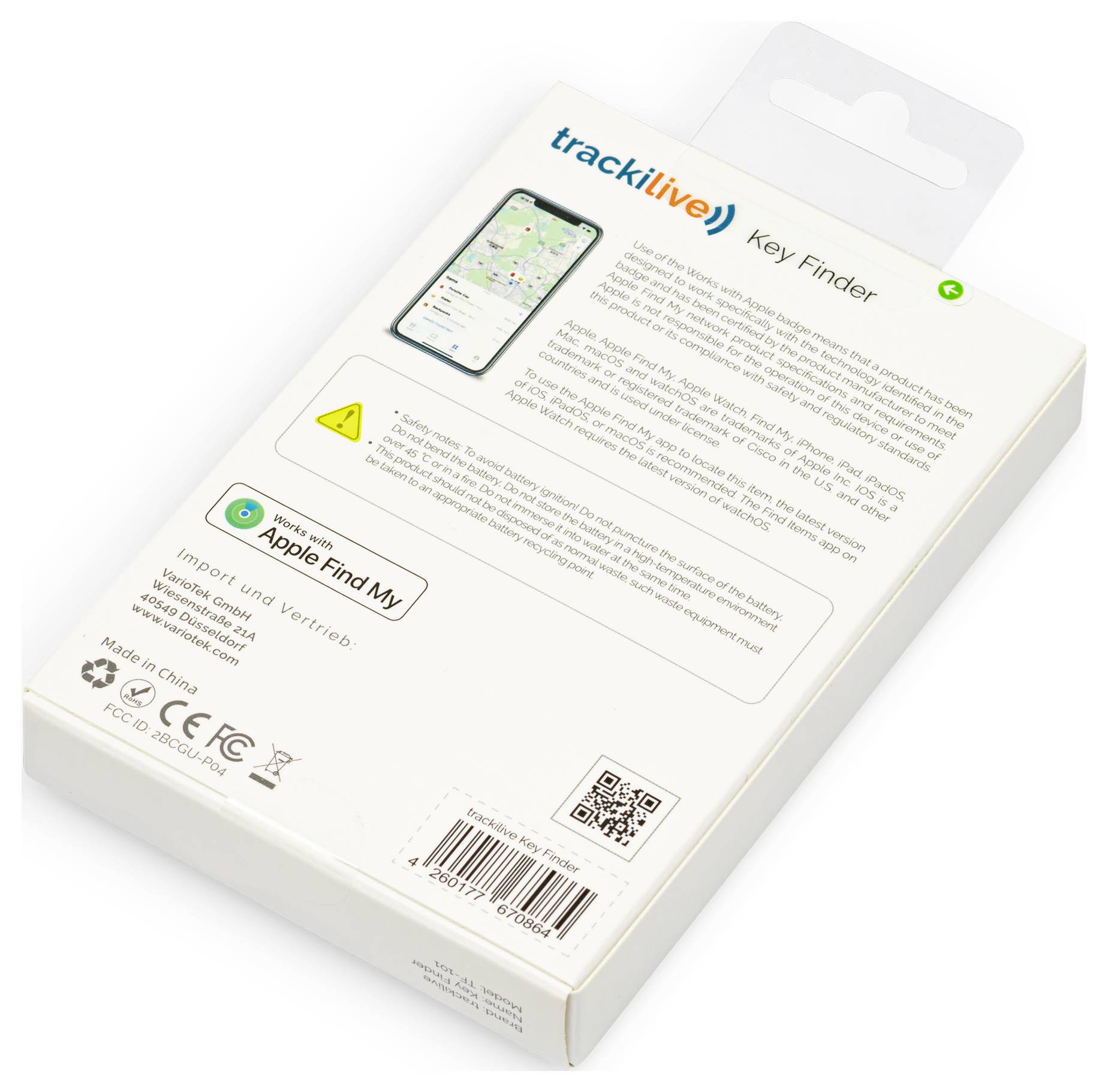 Verpakking van een 'tracklive Key Finder'-apparaat. Toont productinformaties, compatibiliteit met Apple Find My, importeurdetails en certificaten.