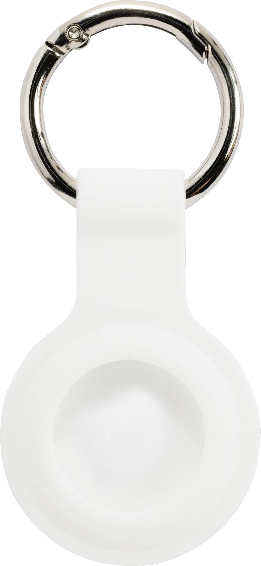 Witte siliconen sleutelhanger met ring en rond uitsparingen in het midden. Geschikt voor het bevestigen van een klein apparaat.