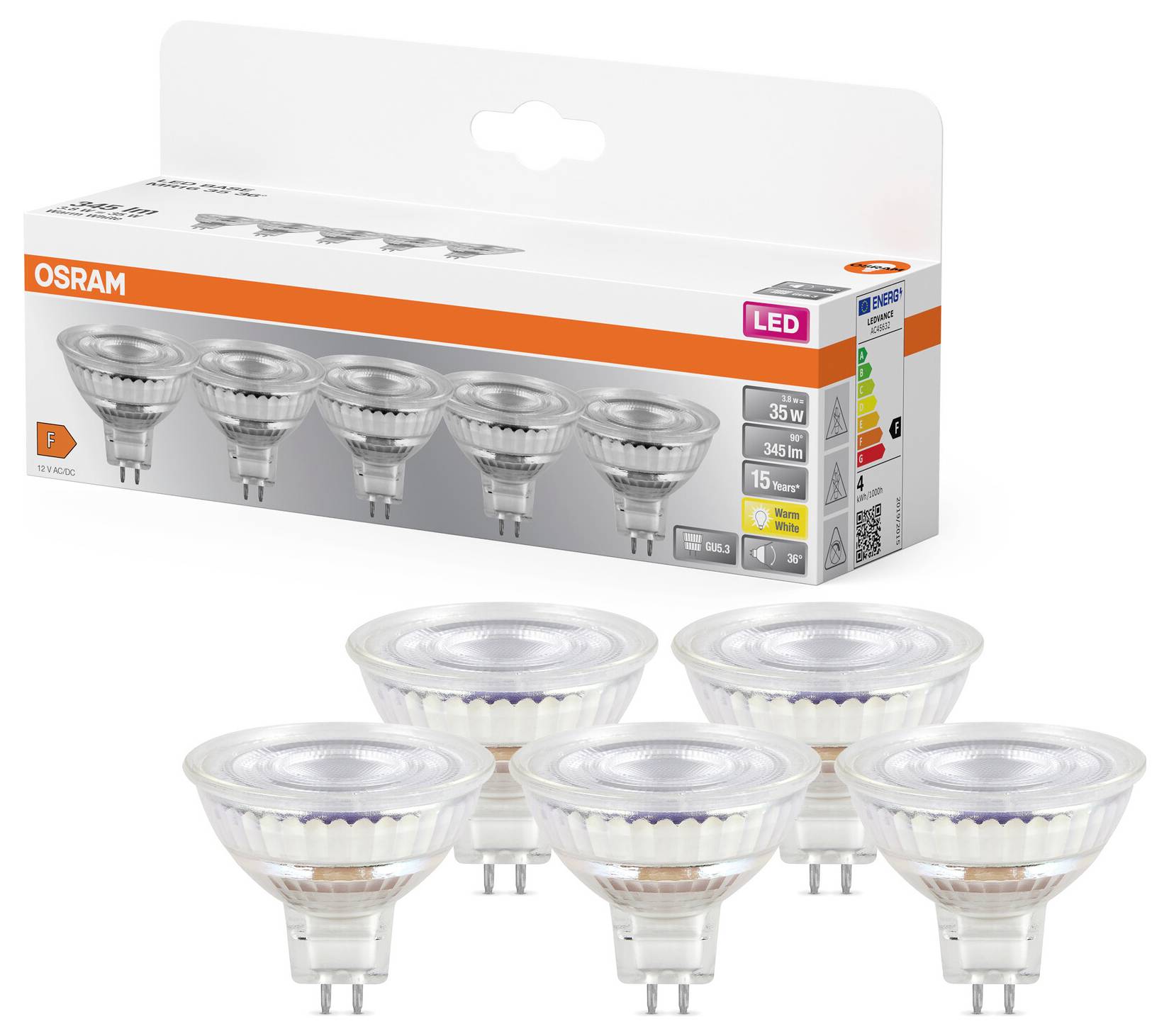 Zes LED-gloeilampen voor de verpakking. Verpakking toont merk OSRAM, 35W, 345 lm, 2700K. Lampen in de vorm van spots.