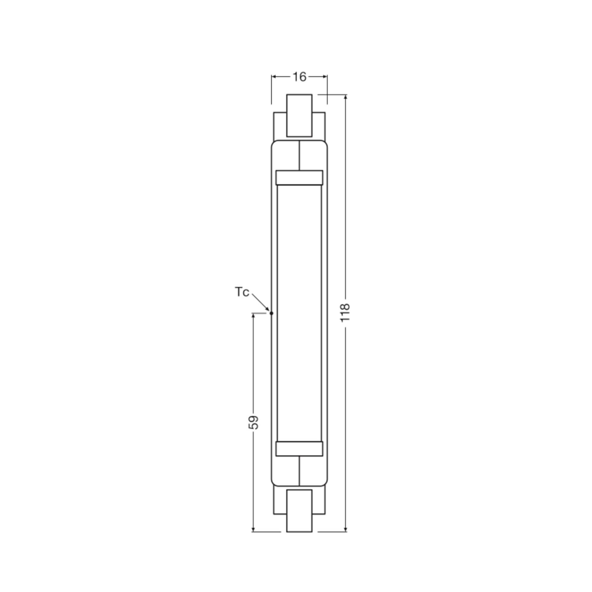 Technische tekening van een langwerpig, rechthoekig object met afmetingen: lengte 118, breedte 16, middelste markering Tc bij 59.