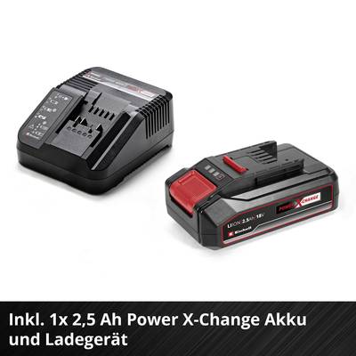 'Oplader en 2,5 Ah Power X-Change accu. Bevat laadstation en accu in het zwart met rode accenten.'