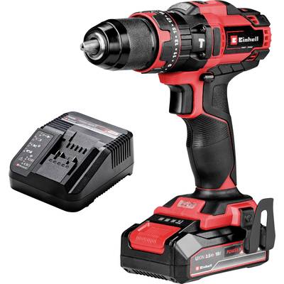 Accuboorschroevendraaier in Rood-Zwart met oplader, merk Einhell. Gebruikt voor boor- en schroefwerkzaamheden, draadloos met 18V accu.