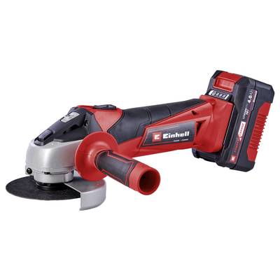 Accu-haakse slijper in Rood en Zwart. Merk Einhell. Apparaat heeft een ergonomische handgreep en een gemonteerde accu.