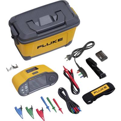 Elektricien-diagnosekit met gele behuizing, verschillende kabels, klemmen en accessoires. Hoofdapparaat toont meetresultaten.