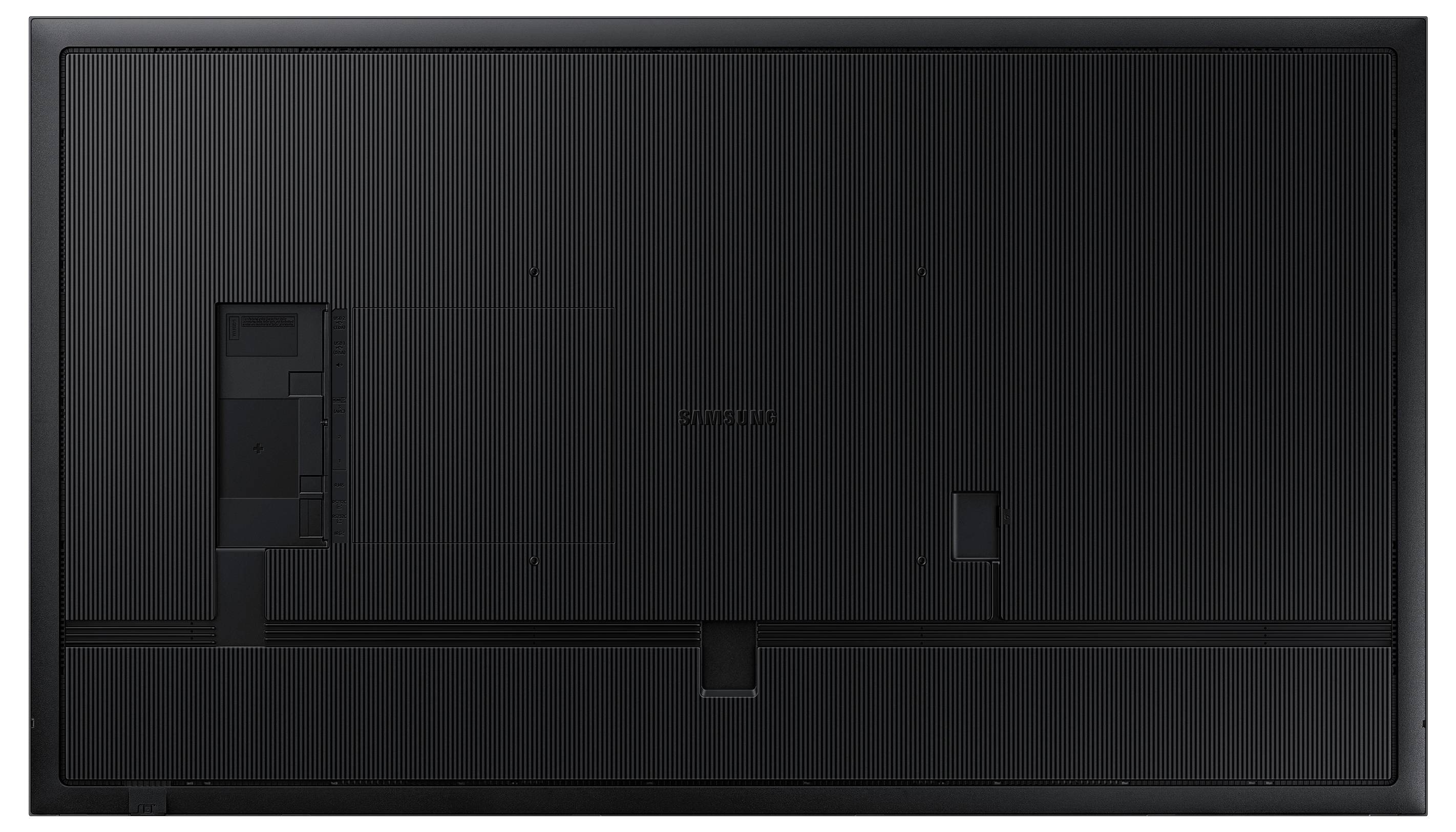 'Achterkant van een zwart rechthoekig apparaat met zichtbare structuren en aansluitpunten, waarschijnlijk een beeldscherm of televisie.'