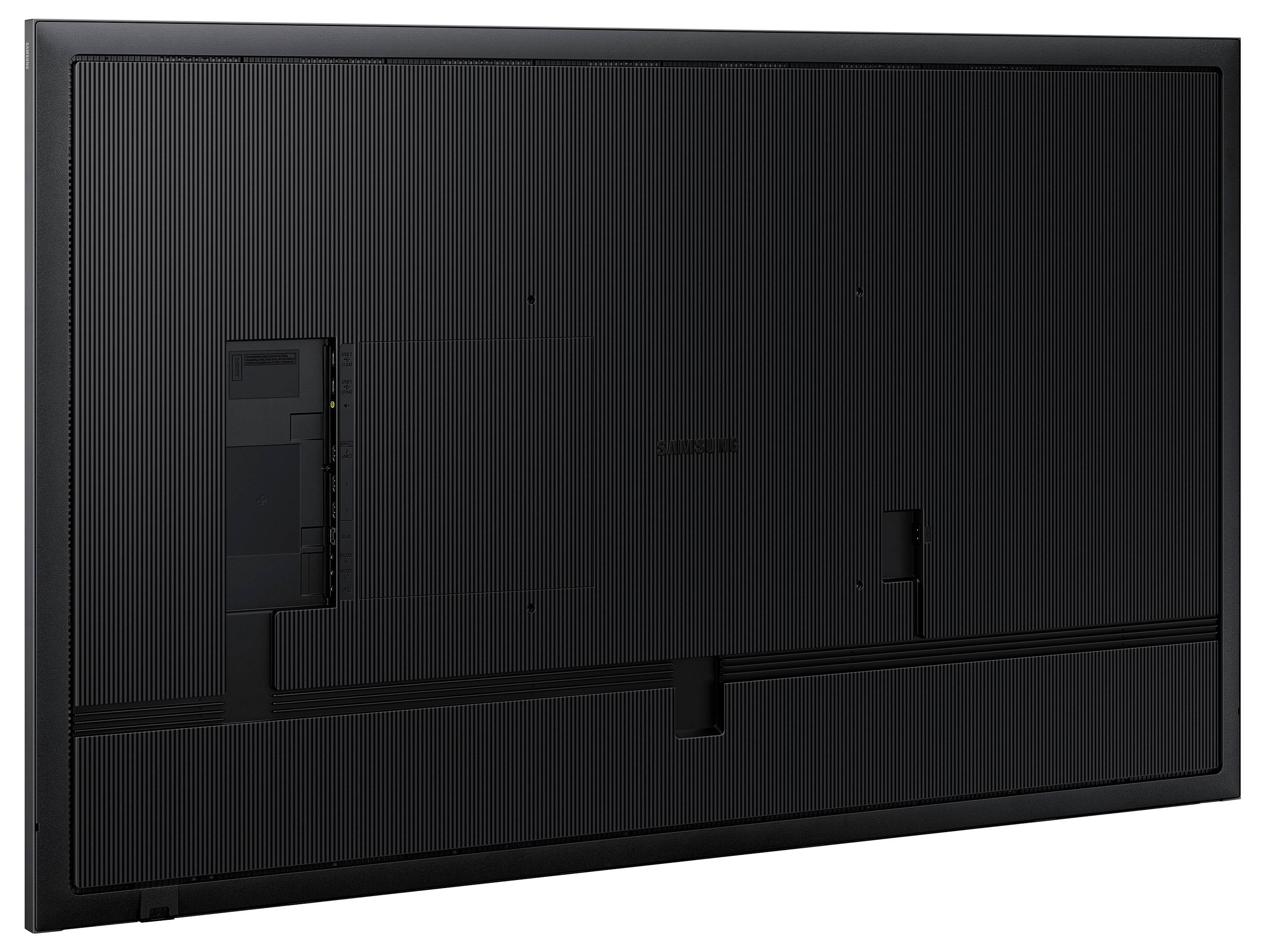 Achterkant van een grote flatscreen-tv, op een zwarte achtergrond. Aansluitingen en interne structuur zijn zichtbaar.