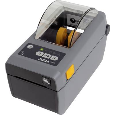 Een grijze etikettenprinter met een transparante deksel, bedieningsknoppen aan de voorkant en een ingebouwd etikettencompartiment.