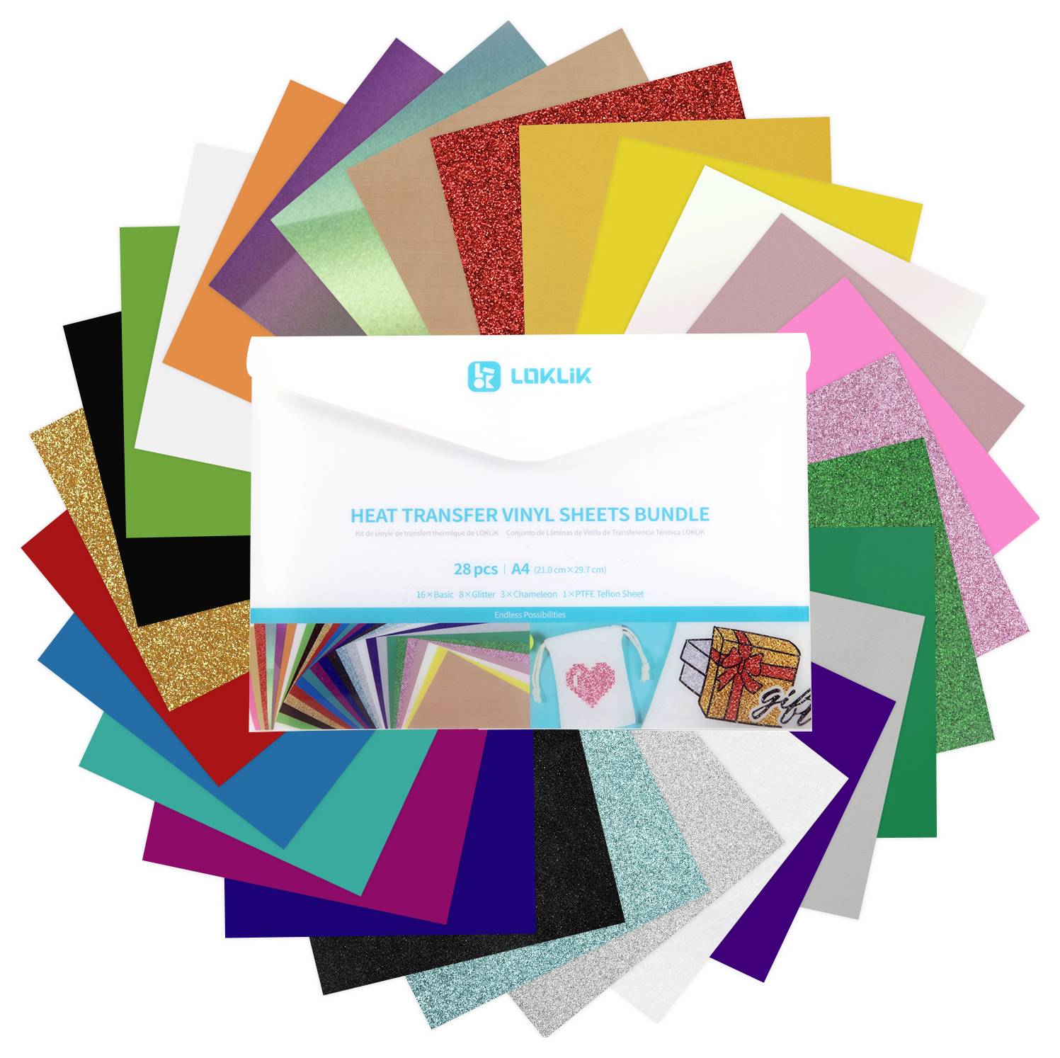Kleurrijke selectie van 28 strijkfoliën in verschillende kleuren en structuren. Verpakking op de voorgrond draagt de tekst 'HEAT TRANSFER VINYL SHEETS BUNDLE'.
