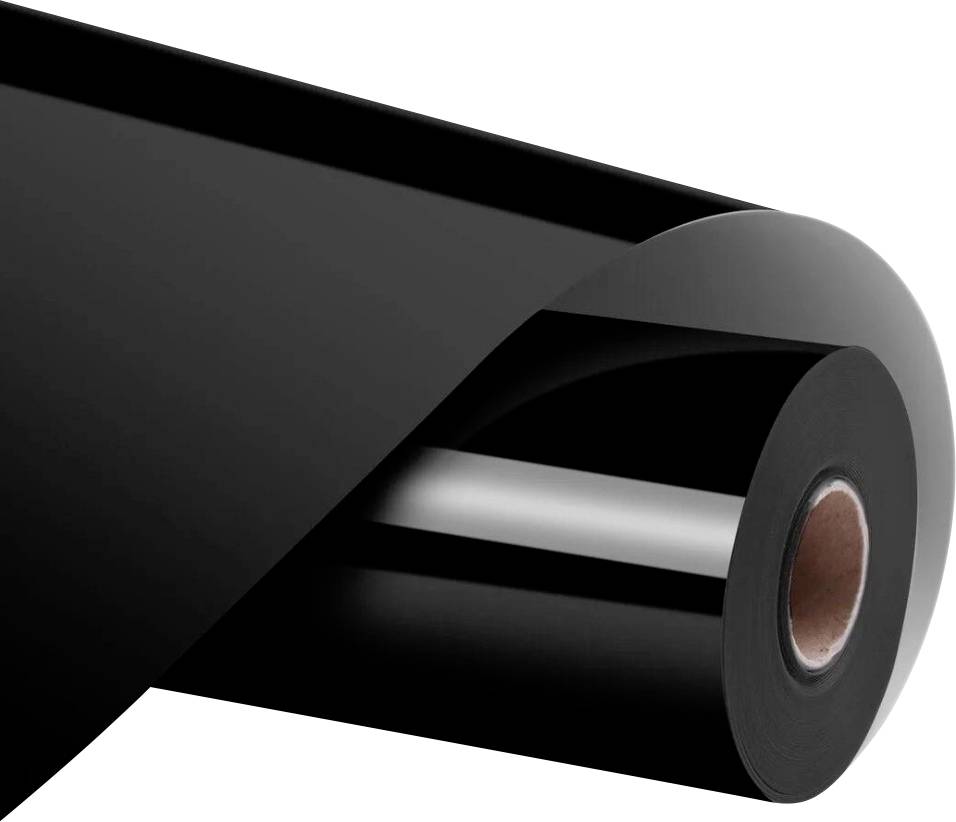 Zwarte vinylfolie op rol, gebruikt voor voertuigbelettering of ruitverduistering. Gladde, glanzende oppervlakte toont lichtreflecties.