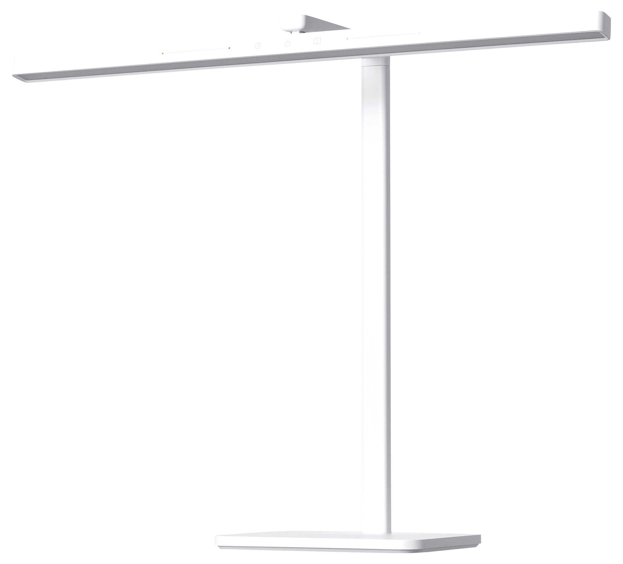 Moderne witte tafellamp met slanke vormgeving. De lampenkap is plat en breed, terwijl de voet minimalistisch is ontworpen.