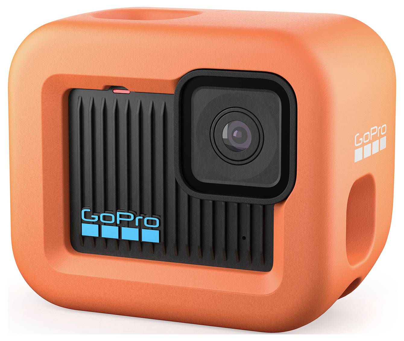 Oranje GoPro-camera met zwart voorste objectief en blauwe tekst. Compact, waterdicht ontwerp. Ideaal voor buitenactiviteiten.