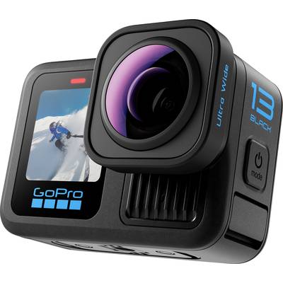 Actiecamera met een groot objectief en een display waarop een skiër te zien is. De behuizing is zwart met blauwe accenten.