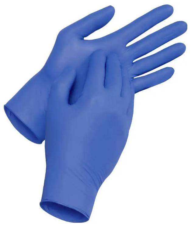 Twee blauwe wegwerphandschoenen van nitril, over elkaar heen gelegd, met de vingertoppen omhoog gericht. Geschikt voor medische of hygiënische doeleinden.