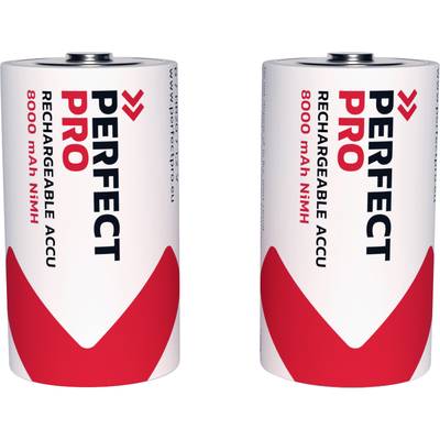 Twee oplaadbare batterijen met het opschrift 'Perfect Pro', 8000 mAh NiMH. Ze zijn cilindrisch van vorm en wit-rood van kleur.