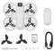 Kleine drone met vier propellers, reservepropellers, accu, schroevendraaier, schroeven en oplaadkabel.