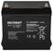 Zwarte oplaadbare batterij van Voltcraft, model VC-12668695, 12V 55Ah, met productdetails en waarschuwingen op de voorkant.