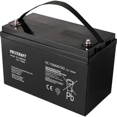 Een zwarte autoaccu met het opschrift 'VOLTCARFT', model 'VC-1268700', 12V, 100Ah, met CE- en Pb-symbolen op de voorkant.