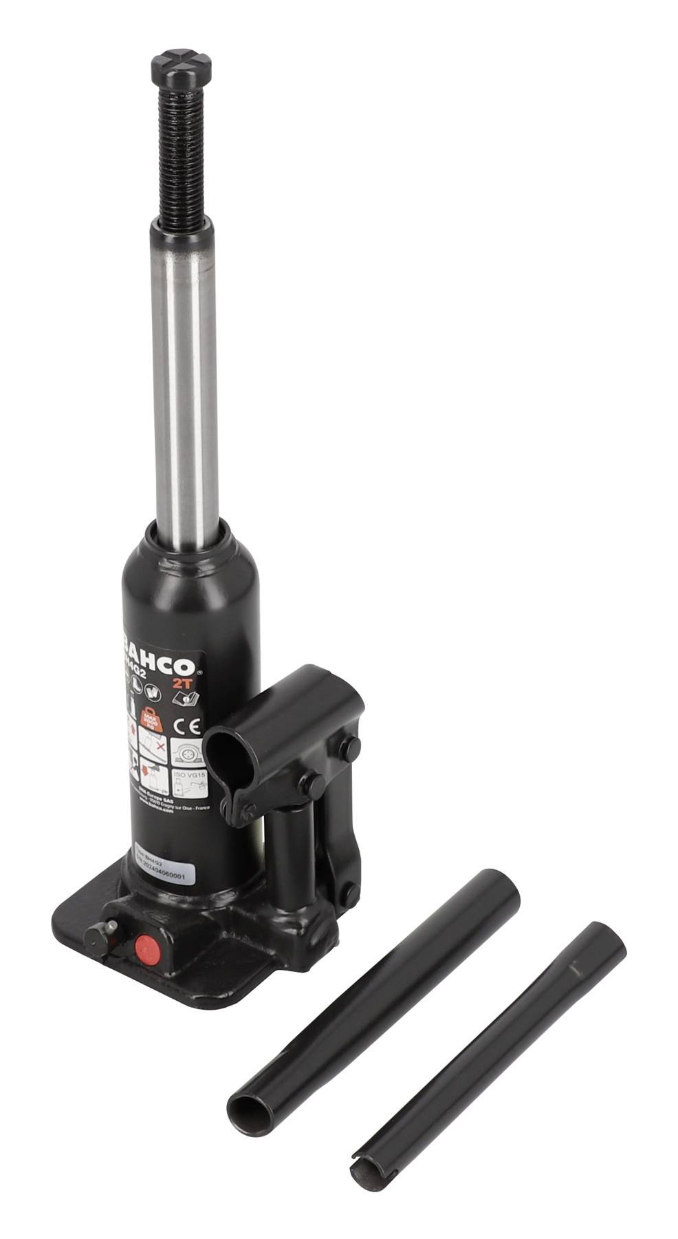 Een zwarte hydraulische krik met twee afneembare hefbomen, geschikt voor het optillen van zware lasten.