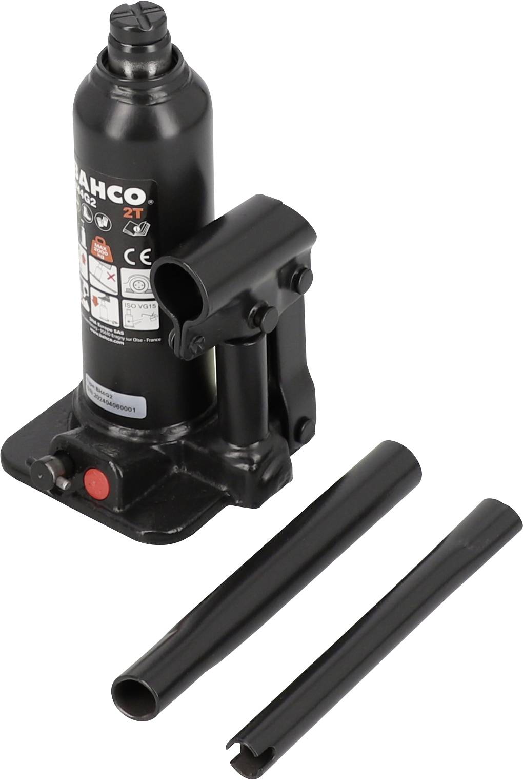 Een zwarte hydraulische krik met twee afneembare handgrepen. Productbeschrijving en veiligheidsinstructies zijn zichtbaar op de krik.