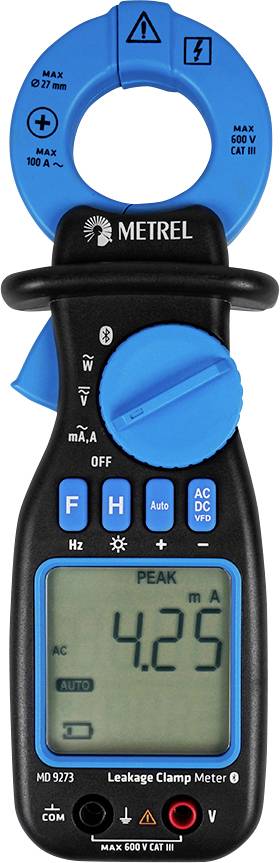 Digitaal meetapparaat van het merk Metrel met een blauw-zwart ontwerp. Toont "PIEK 4,25 mA" aan. Geschikt voor wisselstroommetingen.