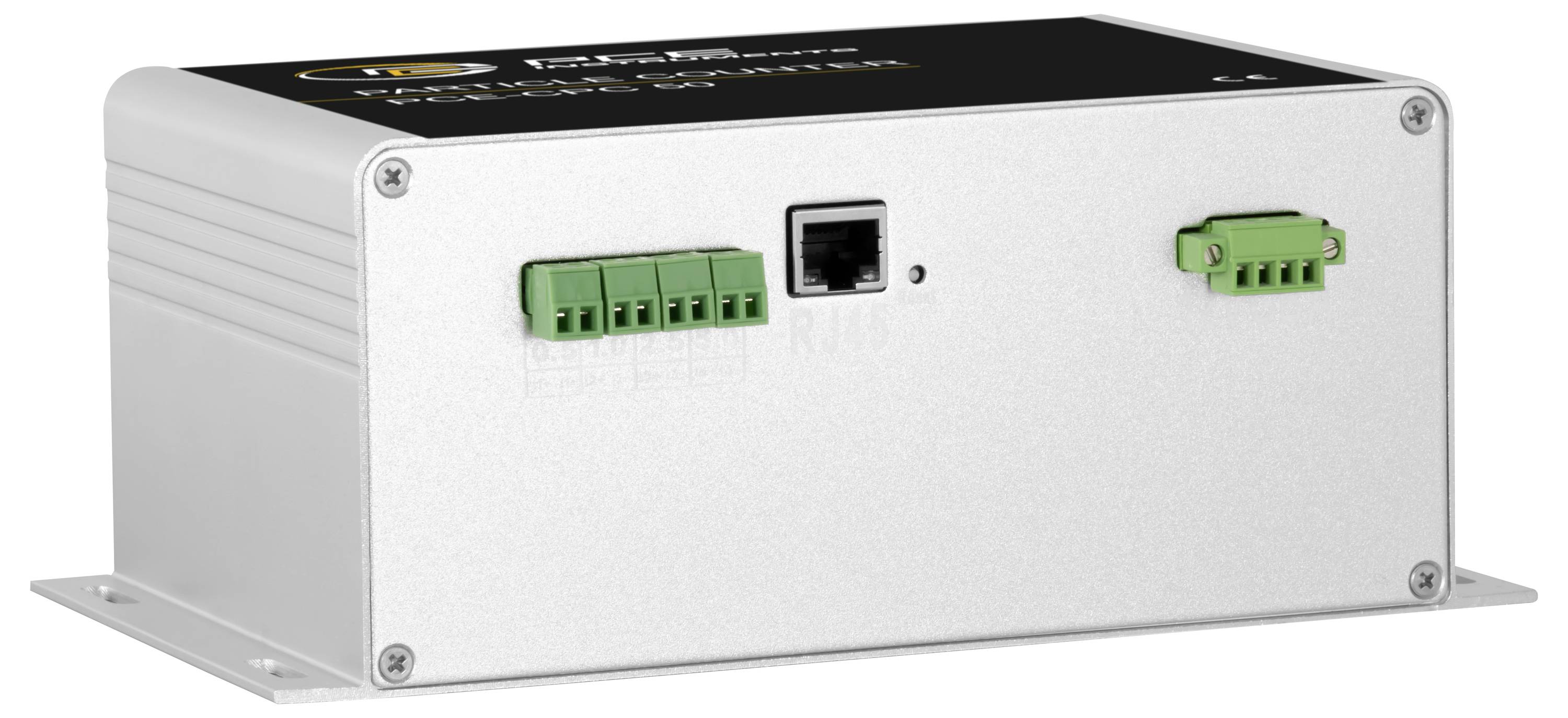 Zilveren metalen elektronicamodule met bevestigingsflensen, frontpoorten inclusief twee groene aansluitblokken en één Ethernet-aansluiting.