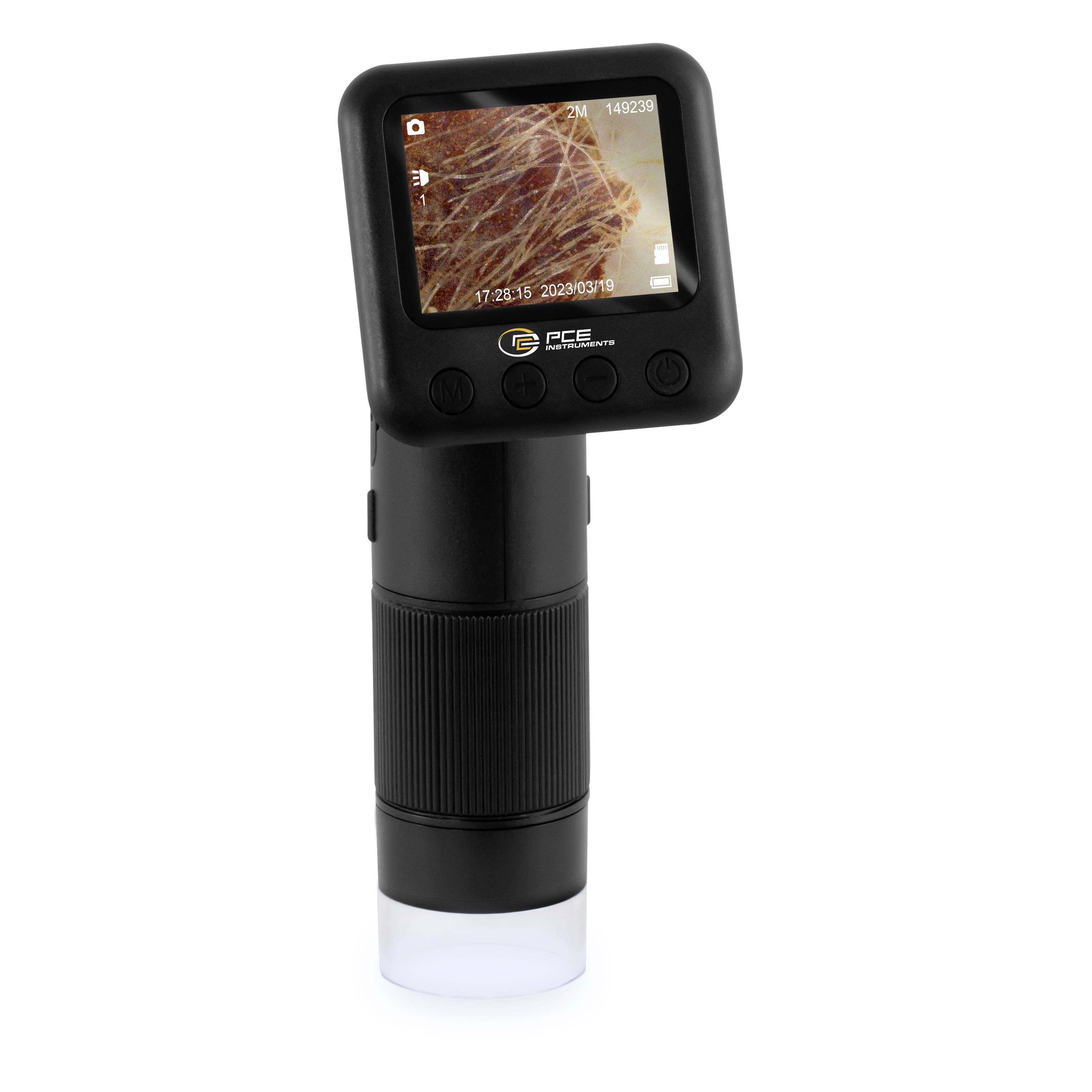 Handheld inspectiecamera met een klein scherm dat een vergrote close-up toont van verstrengelde vezels of krassen.