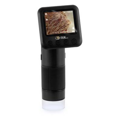 Handheld inspectiecamera met een klein scherm dat een vergrote close-up toont van verstrengelde vezels of krassen.