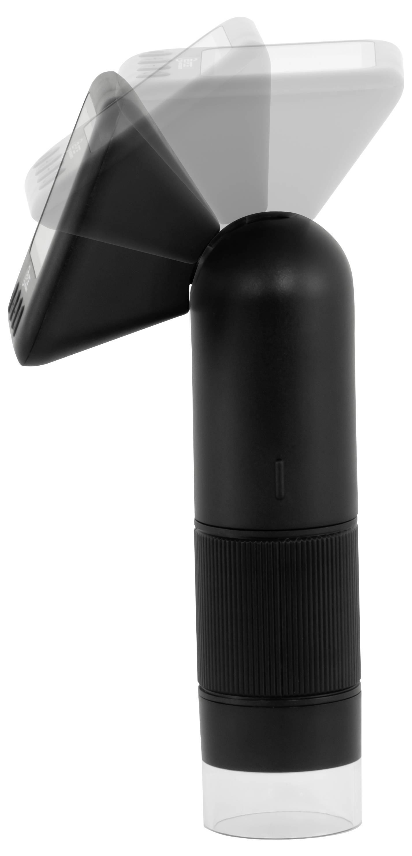 Zwart handheld apparaat met een doorzichtige dop en twee doorschijnende hoekige aanbouwstukken op de bovenkant, weergegeven tegen een witte achtergrond.