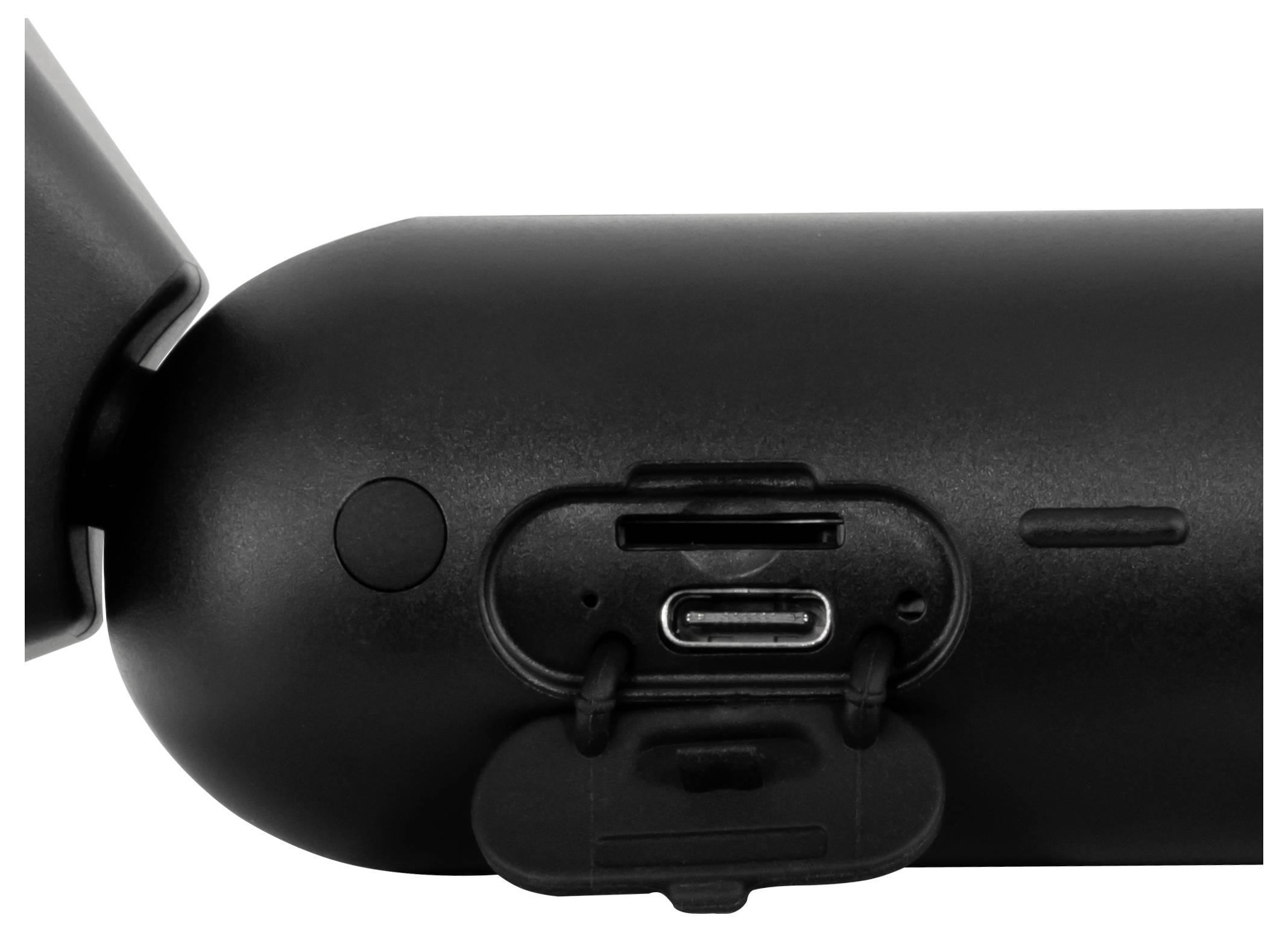 Close-up van een zwart apparaatdeksel voor een zijpoort met een USB-C-oplaadpoort en klein indicatielampje.