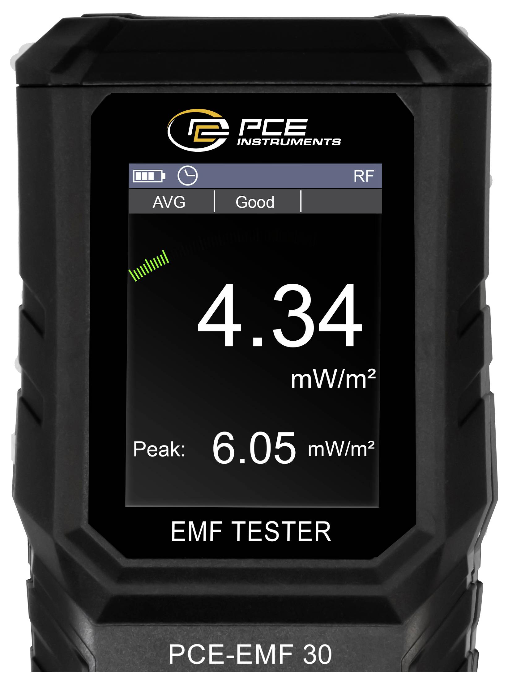 Handheld PCE EMF 30 meter display toont RF gemiddelde 4,34 mW/m² en piek 6,05 mW/m², status 'Goed'.