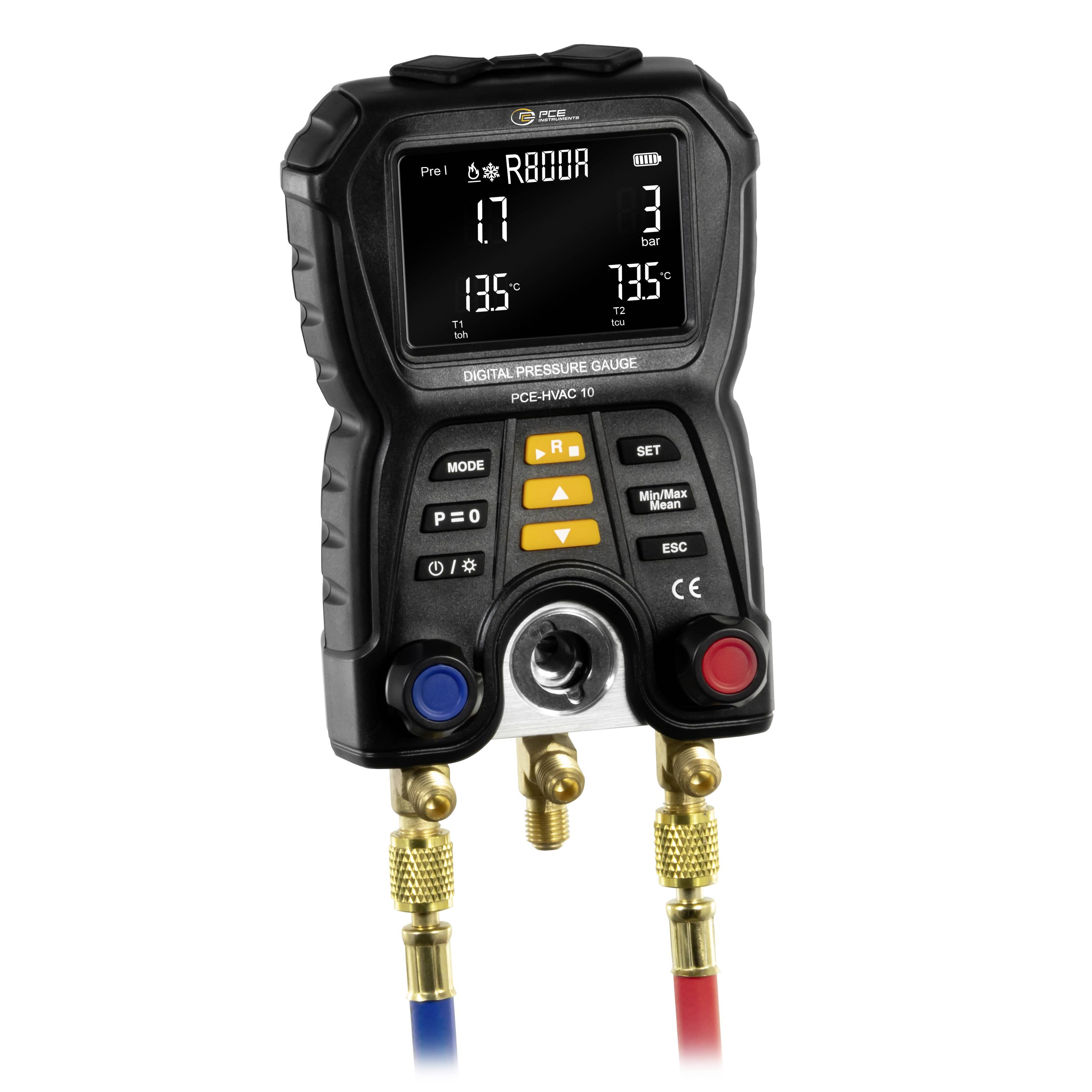 Digitale manometer met LCD-display, bedieningsknoppen en drie messing slangverbindingen, weergegeven op een witte achtergrond.
