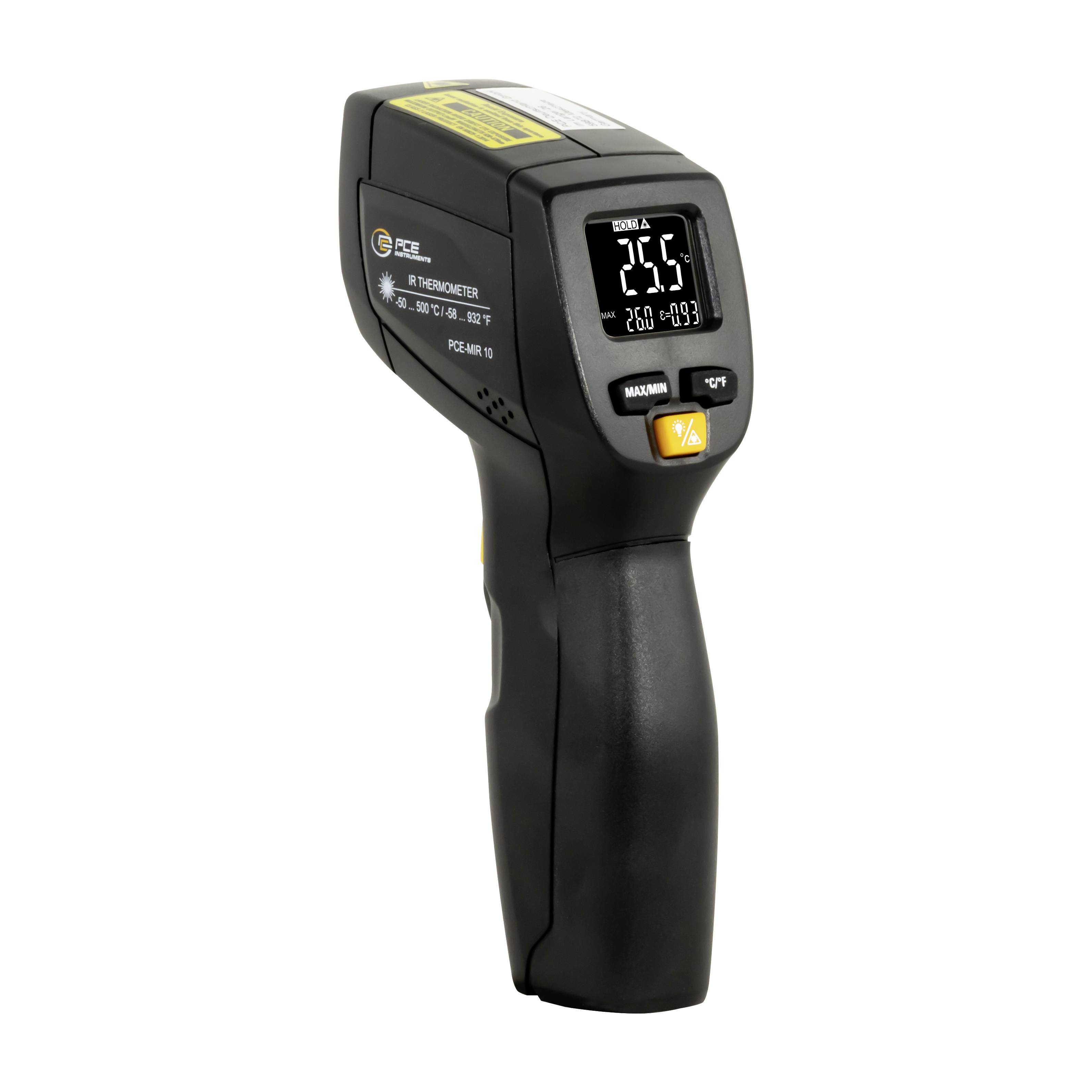 Handheld infraroodthermometer met digitaal display dat 26,5°C aangeeft, temperatuurmeetingsknoppen en pistoolgreepontwerp op een witte achtergrond.