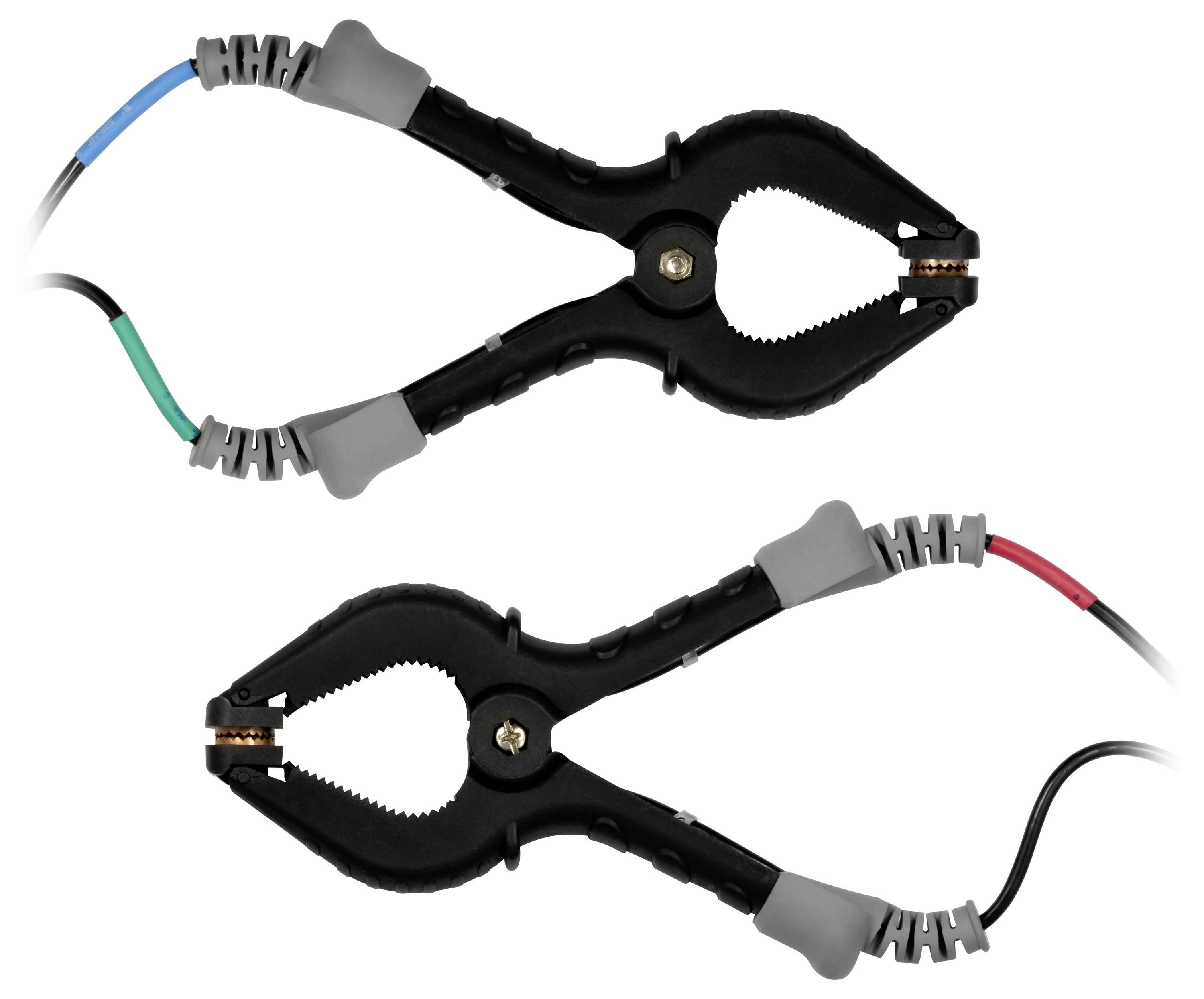 Twee zwarte accuklemmen, bovenaan met een blauw kabel, onderaan met een rode kabel, op een witte achtergrond.