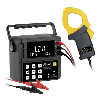 Draagbare stroomanalysator met stroomtang en testpennen, die live aflezingen tonen van 7,20 kW, 232,4 V en 30,9 A.