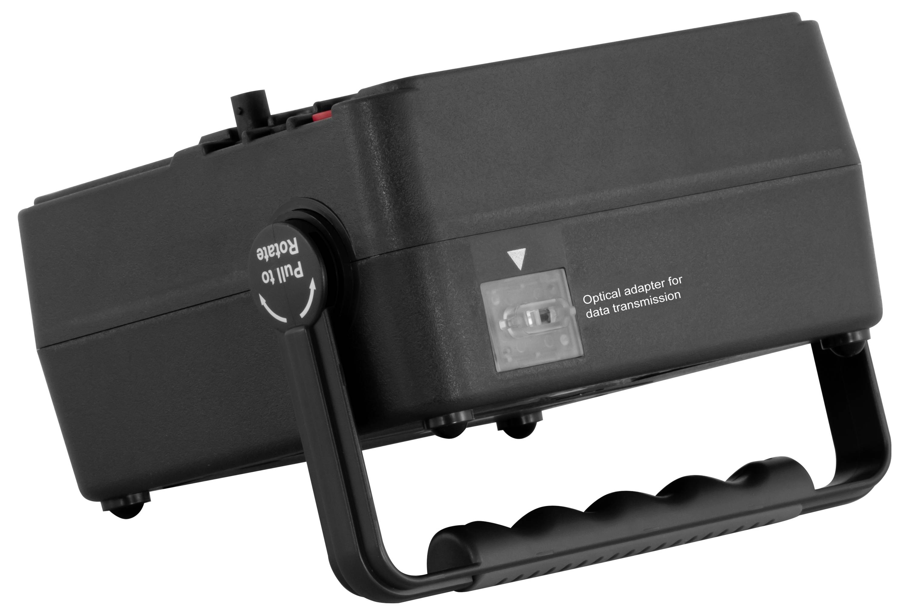 Zwart optisch adapterinstrument met draaggreep en roterende 'Trek om te draaien' knop, geëtiketteerd 'Optische adapter voor gegevensoverdracht'.