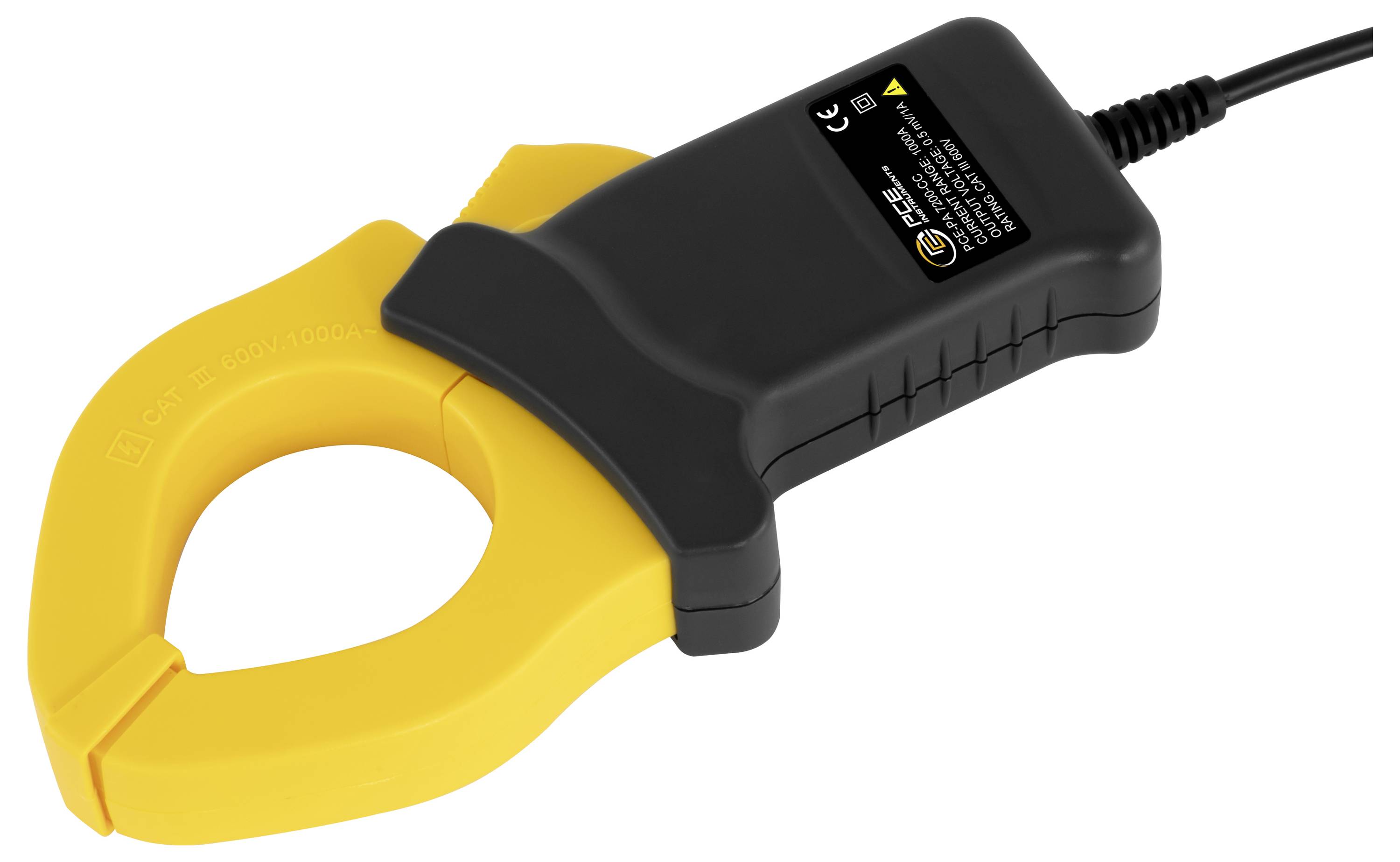 Gele klemtransformator met zwarte behuizing en aangesloten kabel, weergegeven op een witte achtergrond.