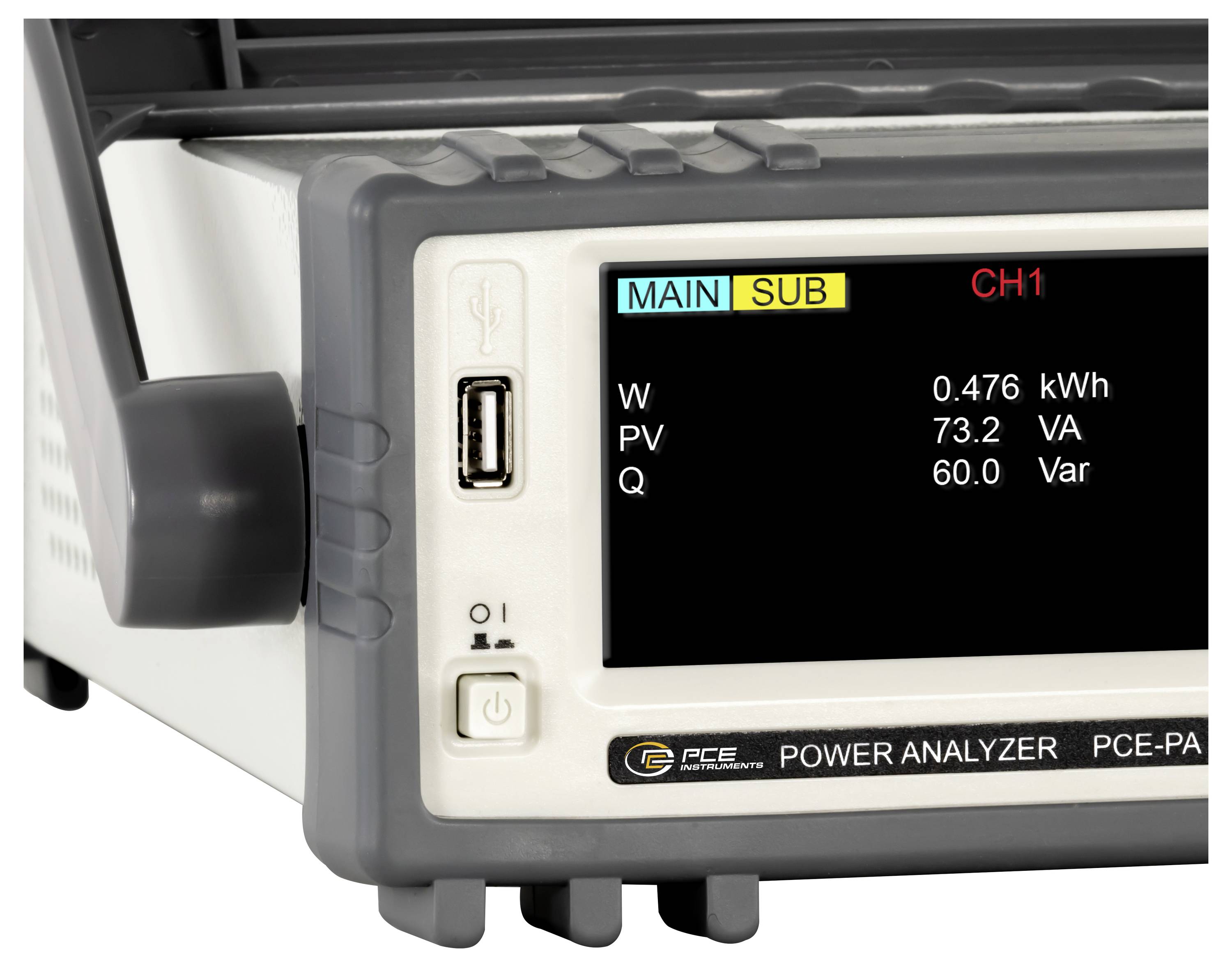 Vergroting van een displayscherm van een vermogenanalysator met MAIN/SUB-modus en kanaal CH1 met aflezingen voor W, PV en Q.