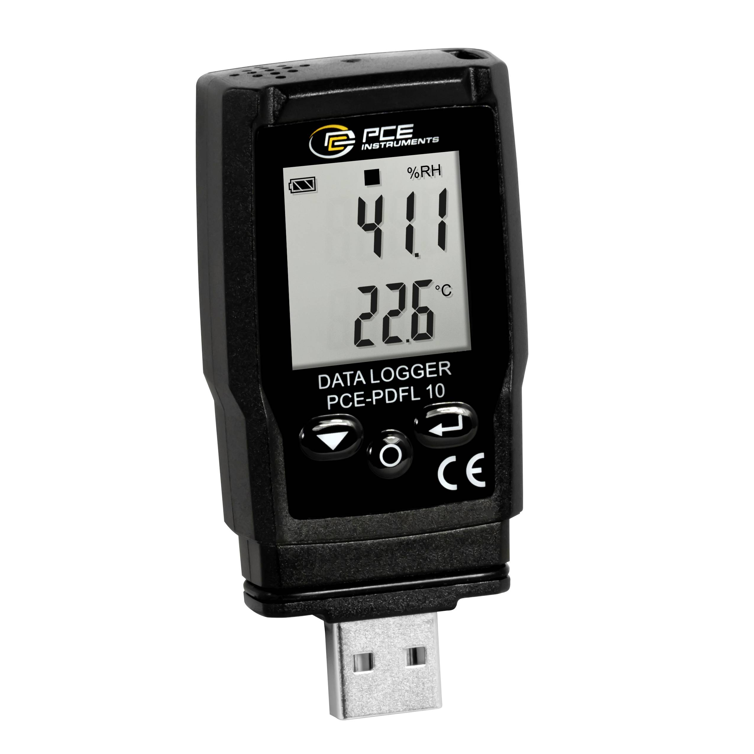 Zwarte USB-gegevenslogger met LCD-scherm met weergave van 41,1% RH en 22,6°C, gelabeld PCE-PDFL 10.