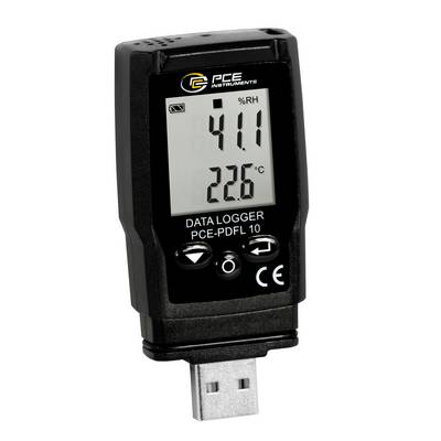 Zwarte USB-gegevenslogger met LCD-scherm met weergave van 41,1% RH en 22,6°C, gelabeld PCE-PDFL 10.