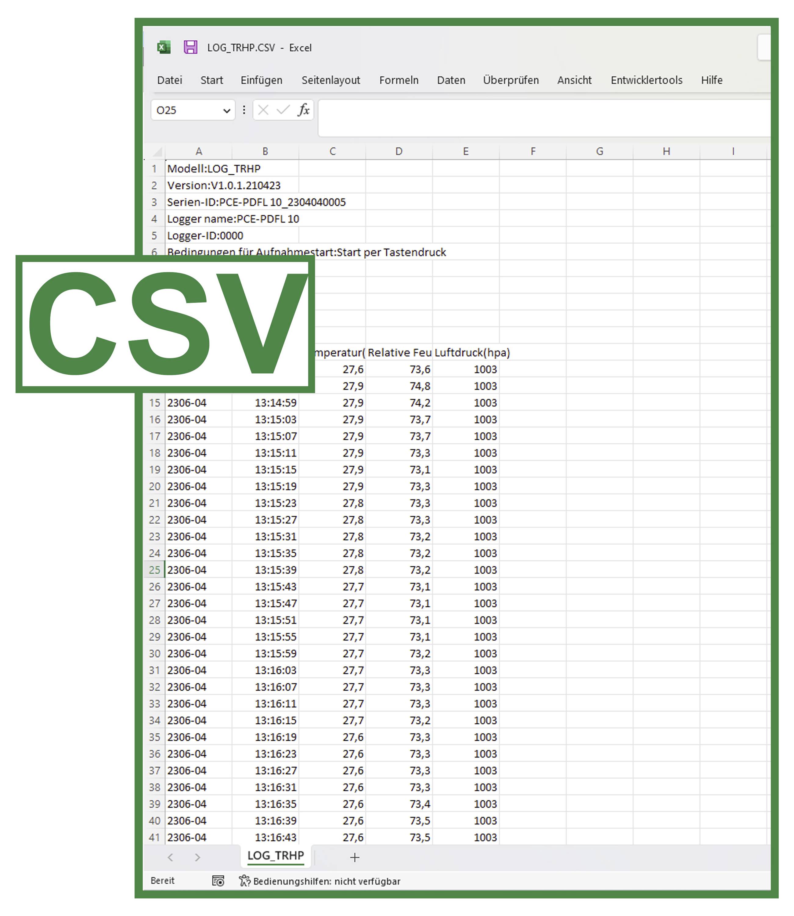 Microsoft Excel geeft een CSV-logbestand weer met tijdgestempelde metingen en kolommen voor temperatuur, relatieve vochtigheid en luchtdruk, bedekt met een groot 'CSV'-pictogram.