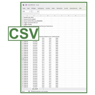 Microsoft Excel geeft een CSV-logbestand weer met tijdgestempelde metingen en kolommen voor temperatuur, relatieve vochtigheid en luchtdruk, bedekt met een groot 'CSV'-pictogram.