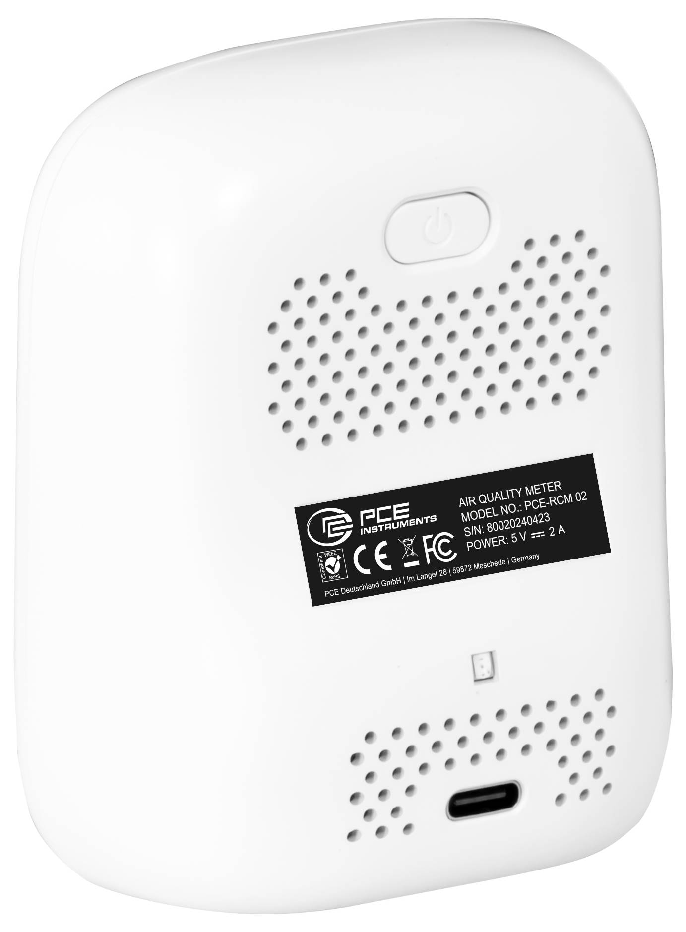 Achteraanzicht van een witte PCE Instruments luchtkwaliteitsmeter met aan/uit-knop, ventilatieopeningen, etiket en USB-C-laadpoort.