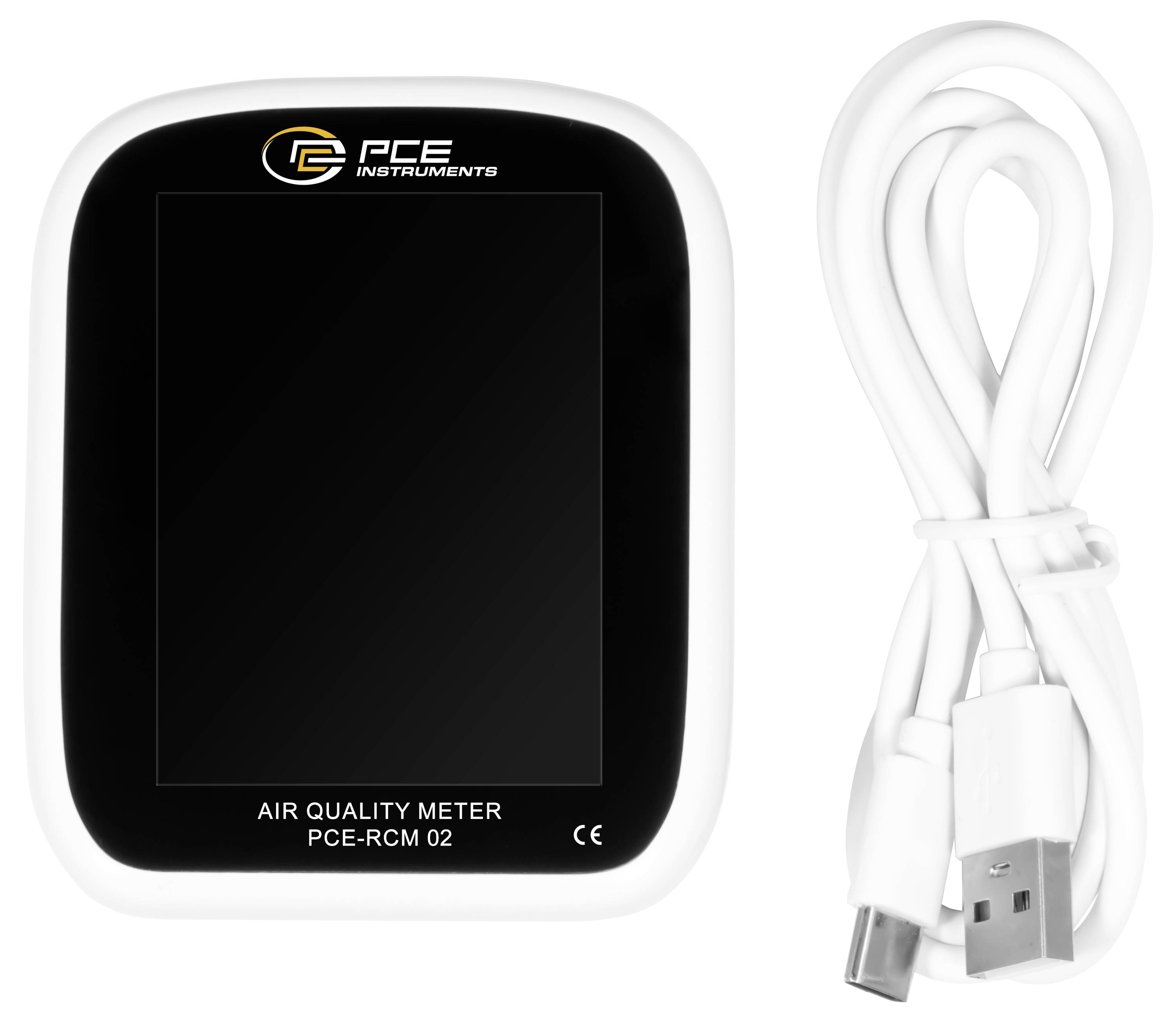 PCE Instruments luchtkwaliteitsmeter met display en inbegrepen USB-oplaadkabel.