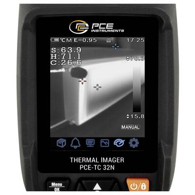 Handheld PCE thermische imager-scherm met thermische weergave van een hoekobject, met temperatuurwaarden S63.9, H71.1, C26.6 en handmatige modus.