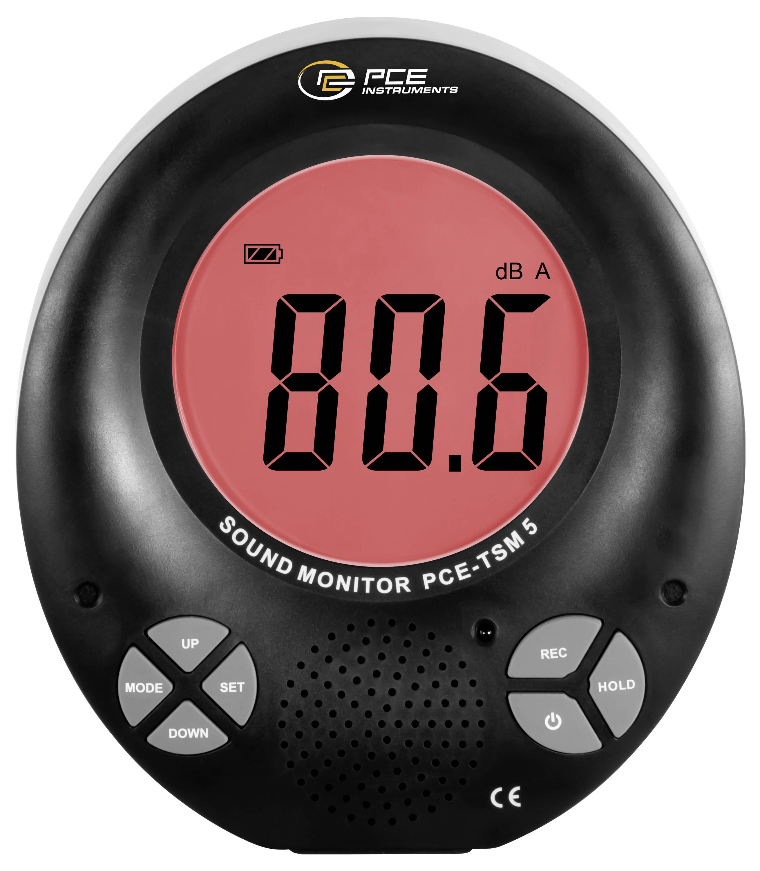 PCE Instruments geluidsmonitor met 80,6 dB A op een rond digitaal display met mode-, set-, record-, hold- en aan/uit-knoppen.