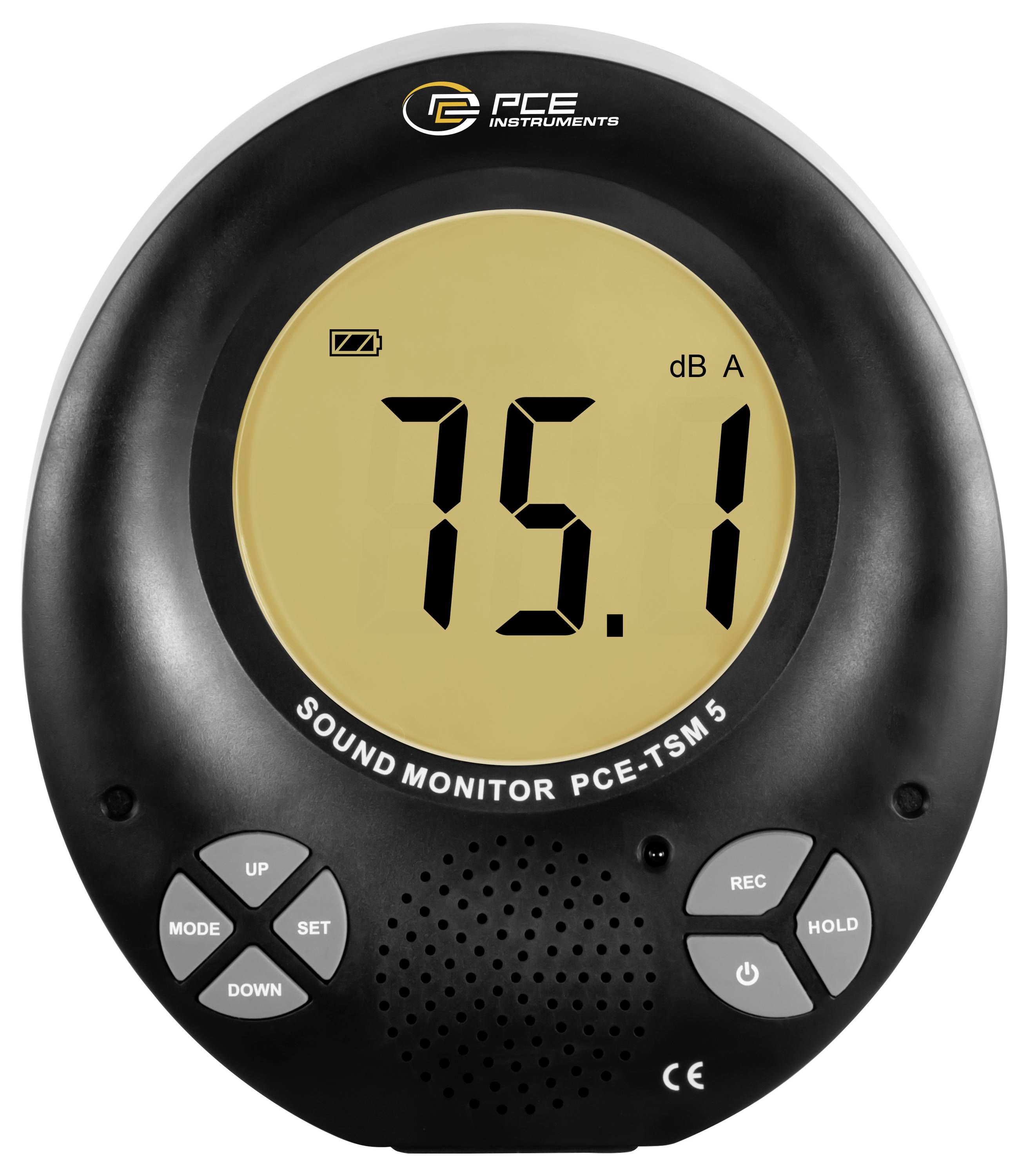 PCE geluidsmonitor met 75,1 dB A op het digitale scherm, met knoppen voor modus, instelling, opname, vast en stroomvoorziening.
