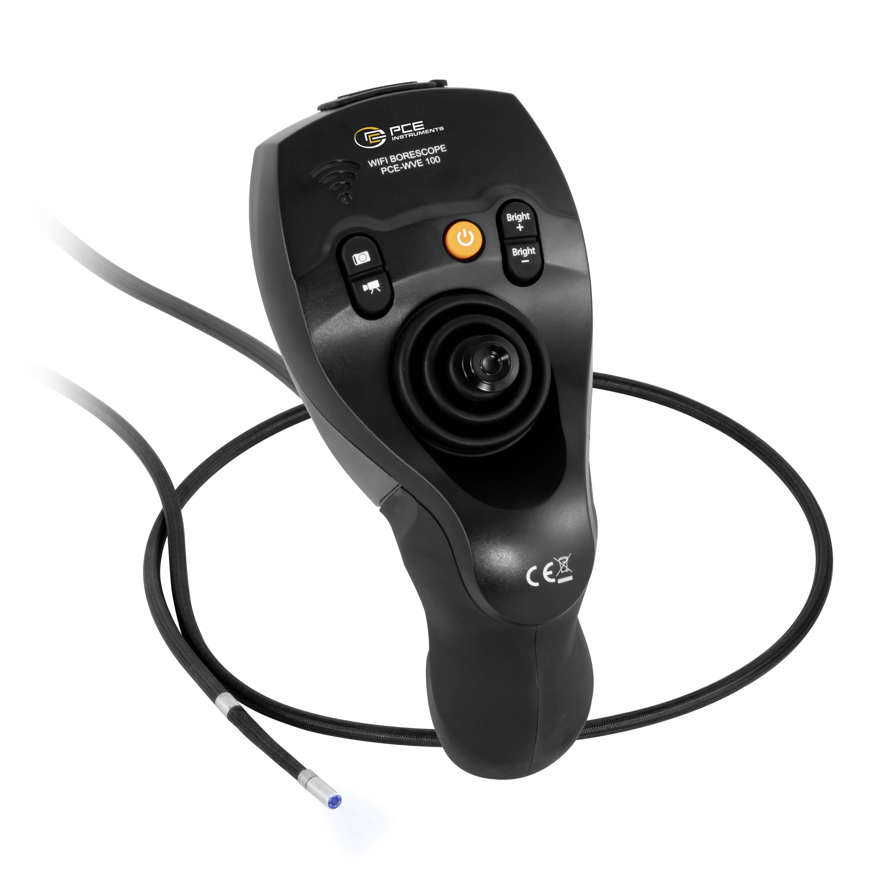 Handheld borescoop met geïntegreerd scherm, cameralens en bedieningsknoppen; kabel met sonde strekt zich uit van het apparaat.