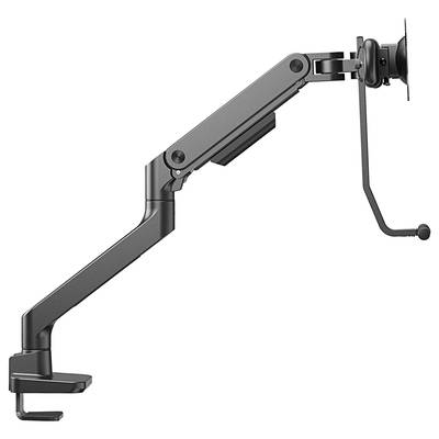 Een zwarte monitorarm die aan de rand van een bureau is bevestigd. De arm is flexibel en kan de monitor in verschillende posities verplaatsen.